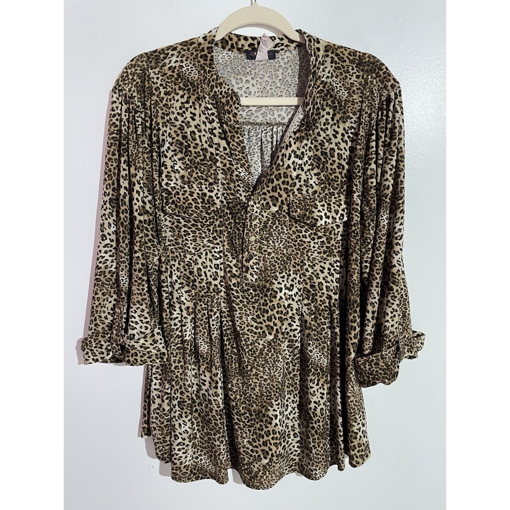 Cocomo Popover Top 2X Leopard Office Feminine Brunch Vacation Pleated